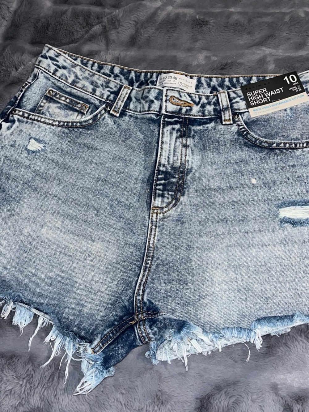 Denim&Co Light Blue High Waist Distressed Denim Shorts